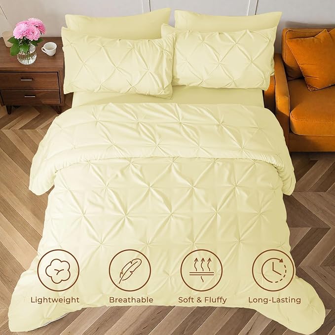 Sasttie Full Size Comforter Set, 7-Piece Bed in a Bag, Pintuck Bedding Set for All Season, Includes Comforter, Flat Sheet, Fitted Sheet, Pillowcases and Pillowshams, Cream Yellow