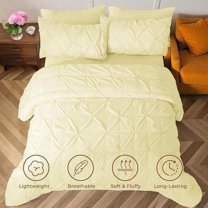 Sasttie Queen Comforter Set, 7-Piece Bed in a Bag, Pintuck Bedding Sets for All Season, Includes Comforter, Flat Sheet, Fitted Sheet, Pillowcases and Pillowshams, Cream Yellow