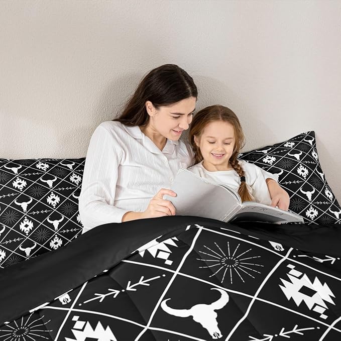 Erosebridal Bull Skull Bedding Set for Boys, Ethnic Western Horns Comforter Set Queen Size Tribal Aztec Boho Southwestern Quilt Farmhouse Animal Vintage Duvet Insert, 2 Pillow Cases, Black White