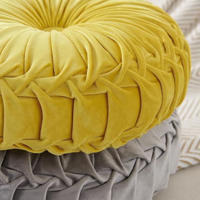Round Throw Pillow Velvet Home Decoration Soft Pleated Pumpkin Round Floor Cushion for Couch Chair Bed Car Decorative(Yellow14inch)