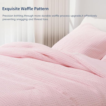 David's Home Waffle Weave Comforter Set 2PCS Twin Size, Soft Breathable Lightweight Cozy Skin-Friendly Warm for All Season, Elegant Aesthetic Home Decor Bedding Set with Pillow Shams, Pink