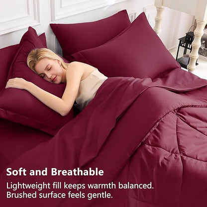 CozyLux Queen Comforter Set Burgundy - Bed in a Bag Queen Size 7 Pieces, Luxury Soft Bed Set for All Seasons, Bedding Set with Down Alternative Comforter, Sheets, Pillowcases & Shams, Red