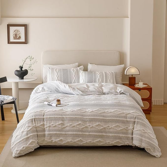 Luxlovery Boho White Comforter Set Queen Women Men Farmhouse White Black Jacquard Bedding Set Bohemian Country Blanket Quilts Durable Soft Breathable 3PCS Comforter Set Queen Bed