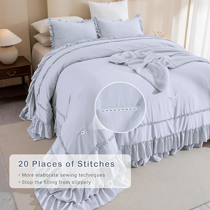 CozyTide Cotton Oversized King Comforter 120x120,Farmhouse Bedding Comforter with Ruffles,Light Blue Lightweight Shabby Boho Chic Cal King Ruffled Comforter Oversized 3 Pieces