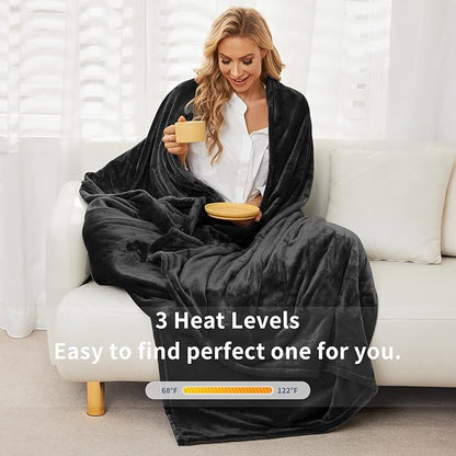 Vagueior Electric Heated Blanket Full Size 50'' x 60'',Extra-Warm Lightweight Cozy Luxury Bed Blanket Machine Washable with 3 Heating Levels Auto-Off Machine Washable,ETL Certification - Black