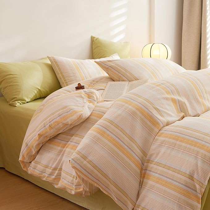 HighBuy Striped Comforter Set Queen Size Comfy Soft Yellow Stripes Pattern Bedding Comforter Set Fluffy Farmhouse Bohemian Bed Set 3 Piece,1 Comforter 2 Pillowcases,All Season,Breathable