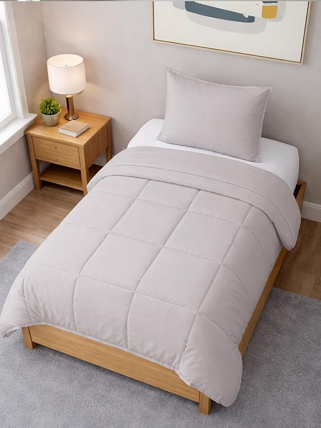 Twin XL Comforter Set - 2 Piece Bed Set for All Seasons - 1 Soft Quilted Comforter w/ Corner Tabs & 1 Pillow Sham - Comfy & Breathable - Premium Down Duvet Insert - Oeko-TEX - Twin XL Size, Light Grey