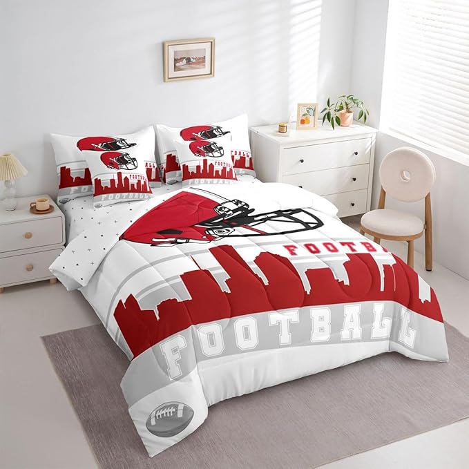 Erosebridal Football City 7 Pcs Comforter Set King Football Bedding Boys Girls Red Grey Rugby Game Sheet Set Bed in A Bag Football Fans Bedroom Decor Sports Ball Competition Quilt