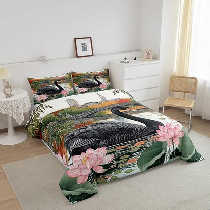 Black Swan Kids King Comforter Sets,Wild Birds Pond Reversible Bedding Set for KidsChildren,Watercolor Lotus Flowers Leaves 3 Pieces Quilt Sets,Modern City Landscape Duvet Insert,2 Pillow Cases