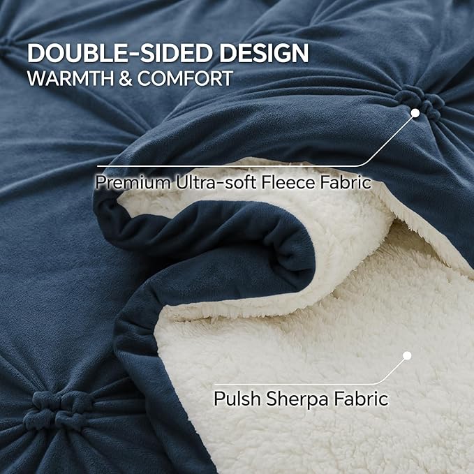 BEDELITE Pintuck Fluffy King Size Comforter Set - Super Soft Sherpa Navy Comforter for King Size Bed, Luxury Warm Bedding Set for Winter, Fuzzy Bed Set 3 Pieces (1 Comforter, 2 Pillowcases)