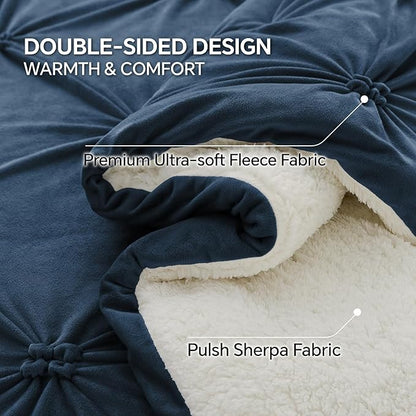 BEDELITE Pintuck Fluffy King Size Comforter Set - Super Soft Sherpa Navy Comforter for King Size Bed, Luxury Warm Bedding Set for Winter, Fuzzy Bed Set 3 Pieces (1 Comforter, 2 Pillowcases)