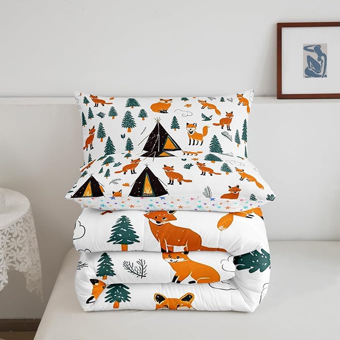 Feelyou Camping Comforter Set Full Size Fox Comforter Camper Accessories for Travel Trailers Bedding Set Cute Duvet Set Room Decor Wool White Quilt Set