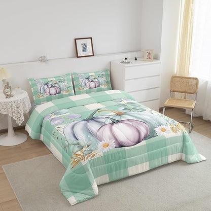 Fall Harvest Pumpkin Bedding Set Rustic Thanksgiving Queen Comforter Set Watercolor Farmhouse Buffalo Plaid Check Bedding Comforter Sets Eucalyptus Leaves Duvet Insert Pastel 2 Pillow Cases