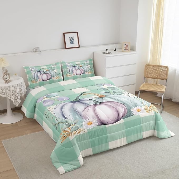 Fall Harvest Pumpkin Bedding Set Rustic Thanksgiving King Comforter Set Watercolor Farmhouse Buffalo Plaid Check Bedding Comforter Sets Eucalyptus Leaves Duvet Insert Pastel 2 Pillow Cases