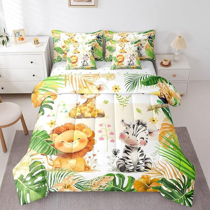 jejeloiu Kids Zoo Animal 7 Piece Bedding Set Full Size Cute Animal Comforter Set with Sheets for Boys Girls Teens Lion Giraffe Elephant Bed in a Bag Tropical Leaves Bed Set