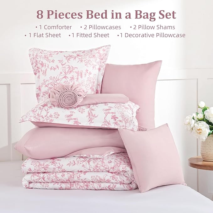 WONGS BEDDING Queen Size Comforter Set, 8 Pieces Pink Floral Bed in a Bag Comferter Sets, Botanical Print Soft Fluffy Microfiber Complete Bedding Sets for All Season (90"x90")