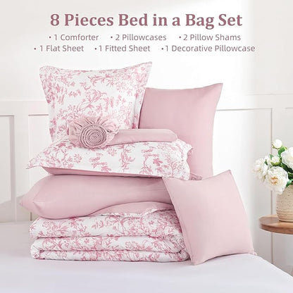 WONGS BEDDING Queen Size Comforter Set, 8 Pieces Pink Floral Bed in a Bag Comferter Sets, Botanical Print Soft Fluffy Microfiber Complete Bedding Sets for All Season (90"x90")