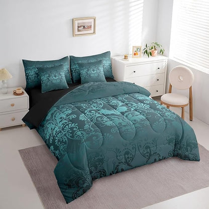 Erosebridal Gothic Damask Bed in a Bag King Size Comforter Set 7 Pieces,Halloween Bat Bedding Sets Turquoise Victorian Floral Goth Sheet Set with Comforter