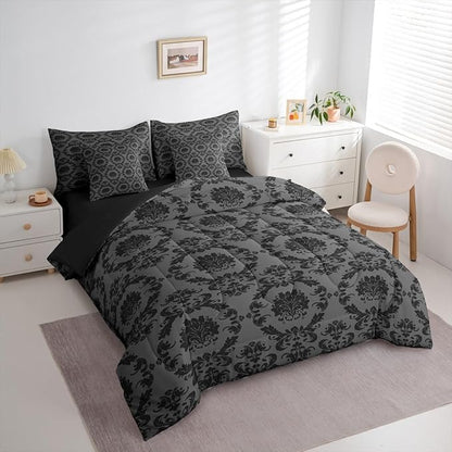 Erosebridal Charcoal Grey and Black Damask King Size Comforter Set with Sheets | Antique Decor Gothic Vintage Floral 7-Piece Bedding Set Boho Baroque Bed in a Bag, Luxury Bohemian Bed Sets