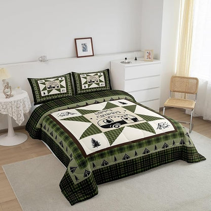 Feelyou Camper Comforter Set Toddler Size Kids Happy Camping Comforter for Boys Teens Southwestern Vinatge Camper Accessories for Travel Trailers Bedding Set Green Tree Duvet Set Room Decor