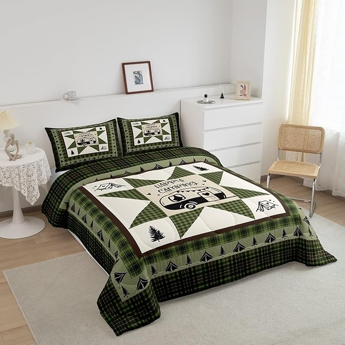 Feelyou Camper Comforter Set Full Size Kids Happy Camping Comforter for Boys Teens Southwestern Vinatge Camper Accessories for Travel Trailers Bedding Set Green Tree Duvet Set Room Decor