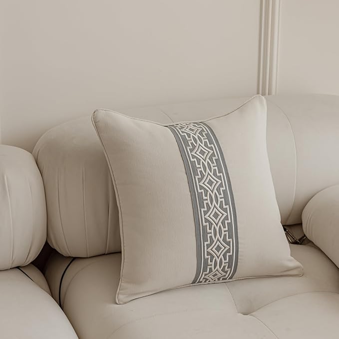 Throw Pillow Covers with Insert Included, with Embroidered Detail, 18 x 18 inches, Decorative Throw Pillow for Sofa Couch Bed (Ivory (Gray Trim), 18" L x 18" W)