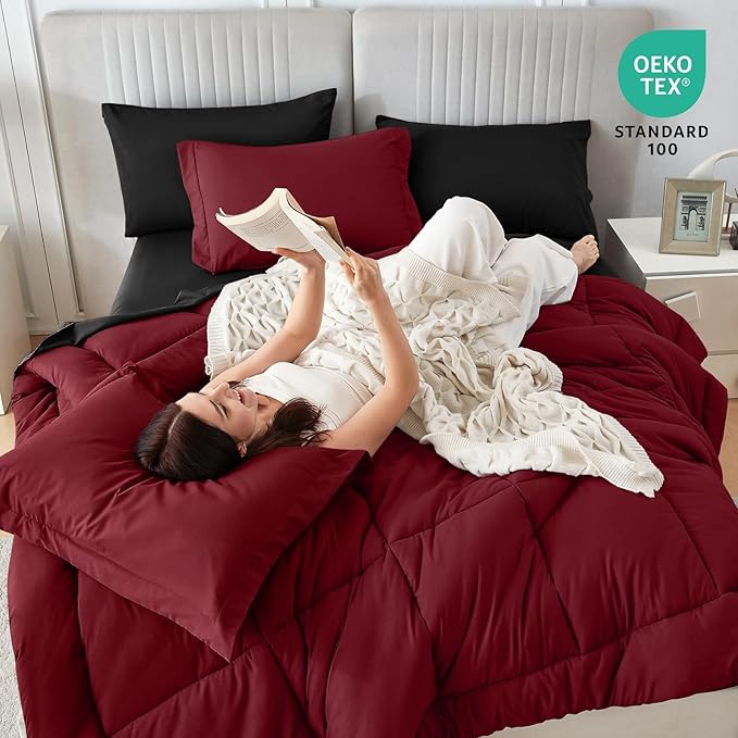 Sasttie Red & Black King Size Comforter Set, 7 Pieces Bed in a Bag King, Complete Bedding Set Includes Comforter, Flat Sheet, Fitted Sheet, Pillowcases and Pillow Shams, Burgundy