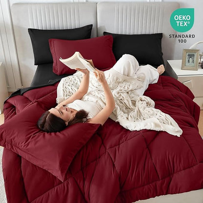 Sasttie Red & Black King Size Comforter Set, 7 Pieces Bed in a Bag King, Complete Bedding Set Includes Comforter, Flat Sheet, Fitted Sheet, Pillowcases and Pillow Shams, Burgundy