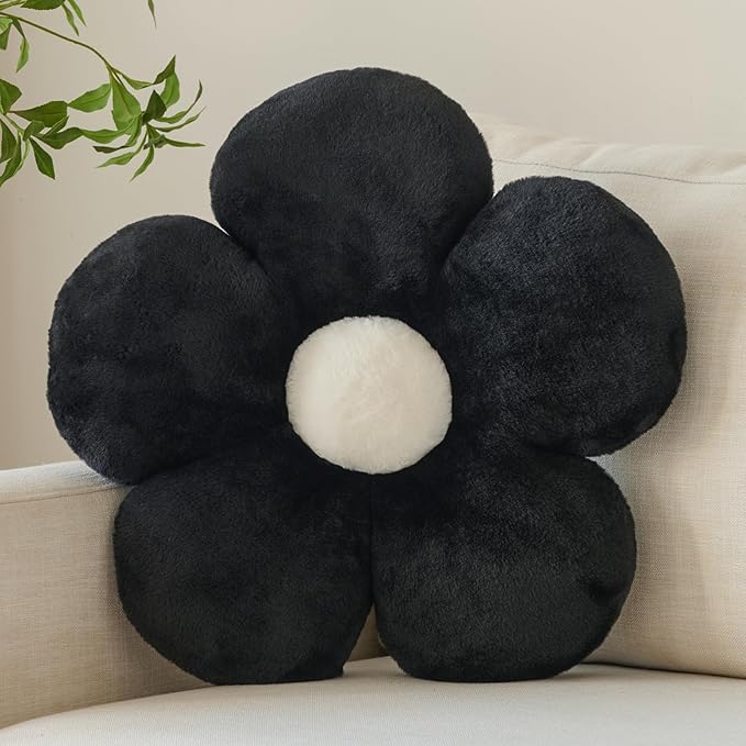 Zlgkjk Flower Pillow, Decorative Throw Pillows with Soft Plush for Couch Bed, Cute Daisy Pillow Cushion Home Decor Floral Throw Pillow (Black, 14.9 Inches)