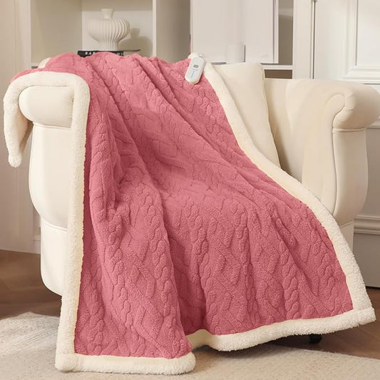 Heated Throw Blanket 50"X60" Pink - Soft Thick Warm Sherpa Electric Blanket for Winter with 5 Fast Heating Levels & 4hrs Auto Off for Women, Machine Washable & ETL Certified for Office Chair