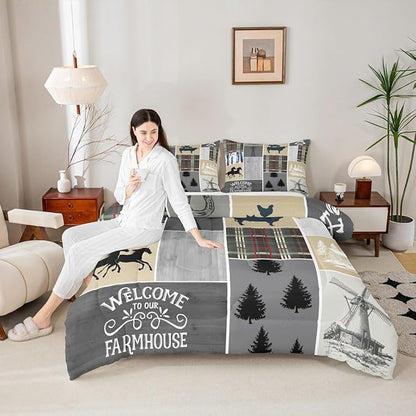 Erosebridal Horse Comforter Set for Boys, Rustic Cabin Patchwork Bedding Set King Size, Western Cowboys Cowgirls Bedding Comforter Sets Farm Animal Windmill Patchwork Duvet Insert Southwestern Decor