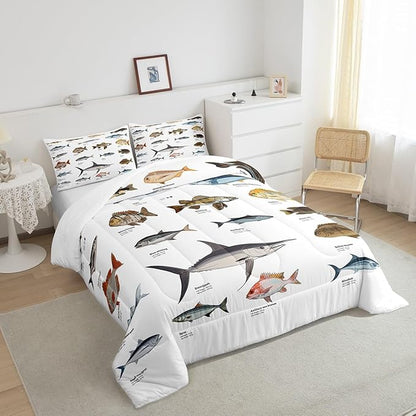 Erosebridal Bass Fish Twin Comforter Set for Boys Girls Farmhouse Fishing and Hunting Theme Bedding Set, Big Pike Fish Pattern Duvet Insert Fishing Lures Hook Quilt Bed Set Rustic Bedroom Decor