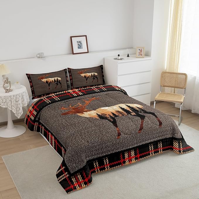 Erosebridal Elk Deer Comforter Set Queen,Hunting Deer Wild Animals Bedding Set for Teens,Western Farmhouse Orange Grey Down Comforter,Nature Antlers Moose Quilted Comforter Bedroom Decor Warm