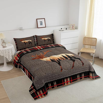 Erosebridal Elk Deer Comforter Set Queen,Hunting Deer Wild Animals Bedding Set for Teens,Western Farmhouse Orange Grey Down Comforter,Nature Antlers Moose Quilted Comforter Bedroom Decor Warm