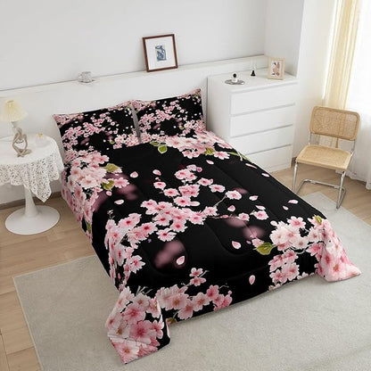 Erosebridal Cherry Blossoms Comforter Set,Japanese Style Duvet Insert Girls Woman Nature Plant Flower Floral Down Alternative,Decor 3Pcs Bedding Set (1 Quilted Duvet 2 Pillow Shams) King,Pink Black
