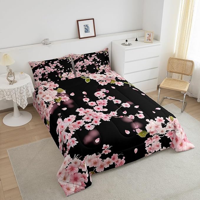 Cherry Blossoms Bedding Comforter Set,Japanese Style Duvet Insert Girls Woman Nature Plant Flower Floral Down Alternative,Decor 2Pcs Bedding Set (1 Quilted Duvet 1 Pillow Sham) Twin,Pink Black