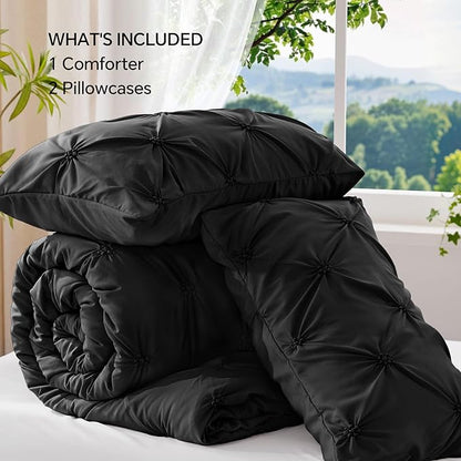 BEDELITE Black King Size Comforter Set - 3 Pieces Boho Pintuck Bedding Comforter Sets, Lightweight Soft & Warm King Bedding Set with 2 Pillowcases for All Season