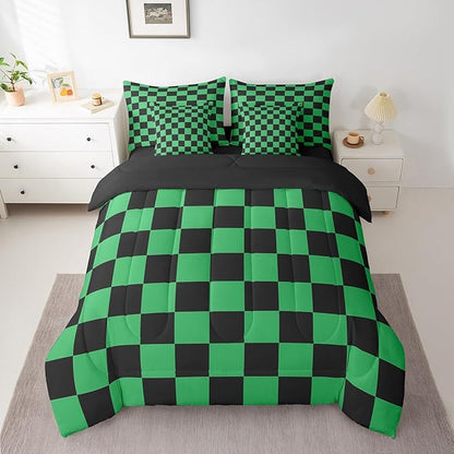 Feelyou Checkered 7 Piece Bedding Set Teen Green Black Plaid Comforter Set with Sheets Full Size Kids Boys Cute Retro Neutral Checkerboard Geometric Bed in a Bag Vintage Aesthetic Room Decor