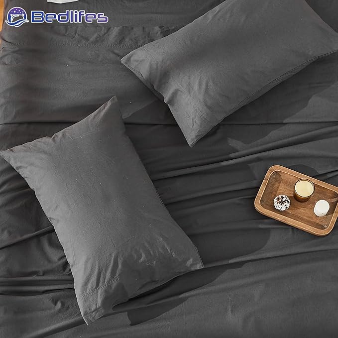 Bedlifes 100% French Pure Linen Sheets King Size Breathable and Cooling Flax Sheet Set Soft Durable and Moisture Wicking 16 Inch Deep Pocket-4 Piece(King,Dark Grey)