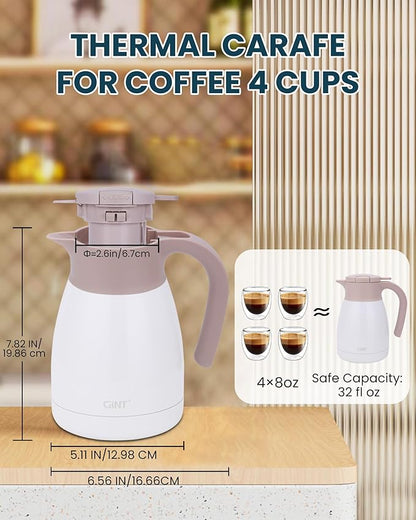 GiNT 1L / 34Oz Thermal Coffee Carafe, Insulated Stainless Steel Coffee Carafes for Keeping Hot/Double Walled Vacuum Thermal Carafe (White)