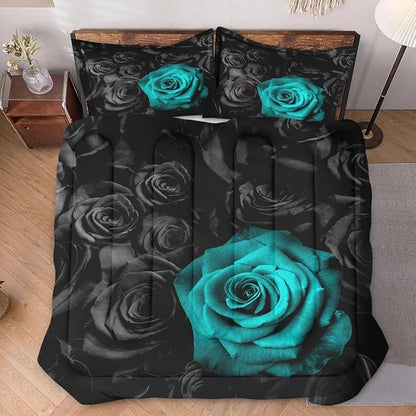 King Size Comforter Set with 2 Pillowcases, Cyan Rose Flower 3 Pcs Bedding for Kids and Adults, Summer Vintage Floral Soft Comforter Set for Bedroom Bed Decor