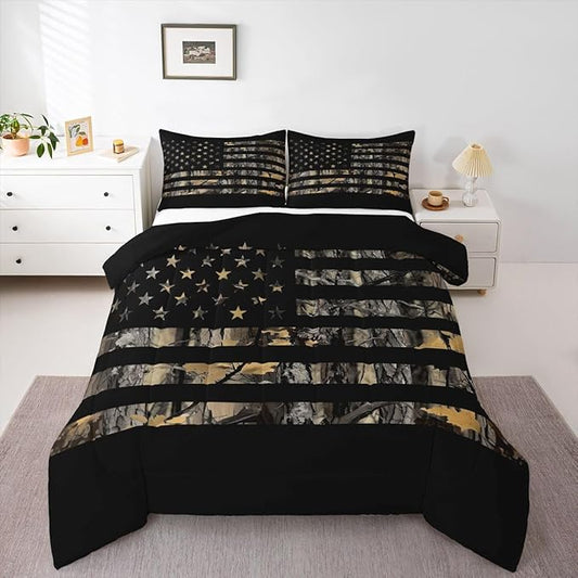 Feelyou American Flag Camo Comforter Set All Season Hunting Bedding Set with 2 Pillow Cases Military Camouflage Kids Queen Bedclothes Rustic Trees Leaves Bedroom Decor Duvet Quilt Soft Lightweight