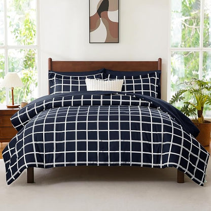 CozyLux Queen Comforter Set with Sheets - 7 Pieces Plaid Bed in a Bag Set Navy Blue, Queen Bedding Sets Bed Set with All Season Quilted Comforter, Flat Sheet, Fitted Sheet, Pillowcases & Pillow Shams