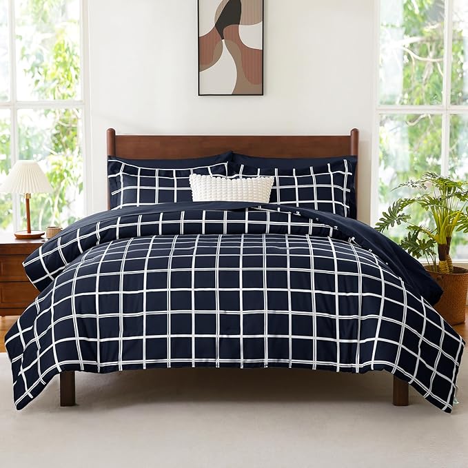 CozyLux King Size Comforter Set Navy Blue - 7 Pieces Plaid Bed in a Bag Set, Soft Bed Set King Bedding Sets with All Season Quilted Comforter, Flat Sheet, Fitted Sheet, Pillowcases & Pillow Shams