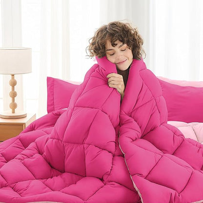 MUXHOMO 7 Pieces Full Comforter Set, Reversible Bed in a Bag Full Size, All Season Bedding Set with Comforter, Flat Sheet, Fitted Sheet, Pillowcases & Shams, Hot Pink & Baby Pink