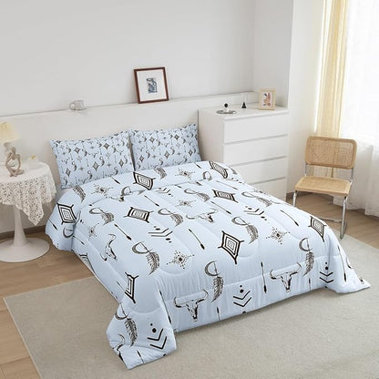 Feelyou Blue Western Bull Skull Comforter Set Boho Ethnic Horns Bedding Set Queen Size for Kids Adult Tribal Symbol Mysterious Aztec Comforter