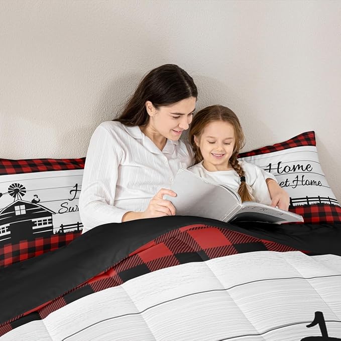 Buffalo Plaid Farmhouse Bedding Sets Full Rustic Cabin Comforter Set For Kids Adults Black Red Grids Windmill House Duvet Insert Western Country Home Room Decor Wooden Barn Door Quilt Comforter