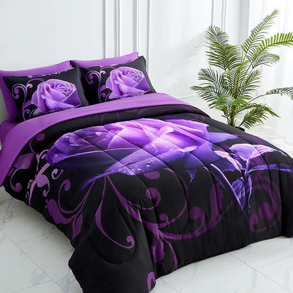 WONGS BEDDING Purple Comforter Set King, Reversible Purple Rose 7 Pieces Bed in a Bag, Lightweight Soft Microfiber Bedding Sets with Flat Sheet, Fitted Sheet, Pillowcases & Shams