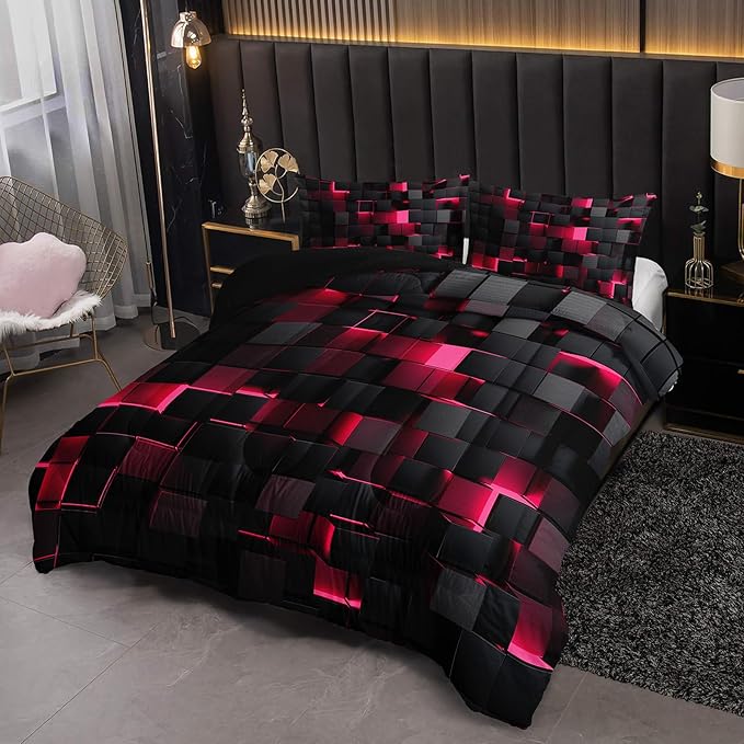 Neon Pink Black Comforter Set Full Geometric Kids Bedding Set,3 PCS Geometry Honeycomb Bed Set Modern Quilt Set 1 Comforter 2 Pillow Cases Cool Room Decor All Season B-Side Black
