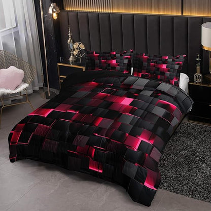 Neon Pink Black Comforter Set Twin Geometric Kids Bedding Set,3 PCS Geometry Honeycomb Bed Set Modern Quilt Set 1 Comforter 2 Pillow Cases Cool Room Decor All Season B-Side Black